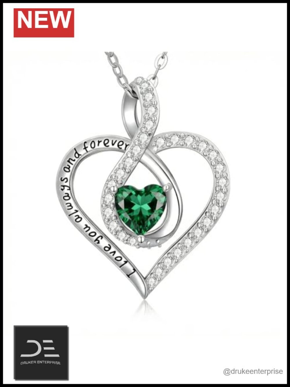 Infinity Heart Birthstone Pendant Necklace, White Gold Plated, I Love You